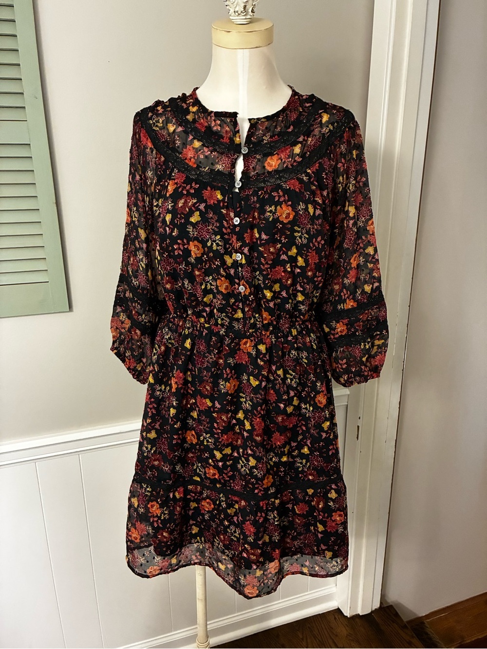 LOFT Black Floral Midi Dress with Mixed Red and Yellow Blooms